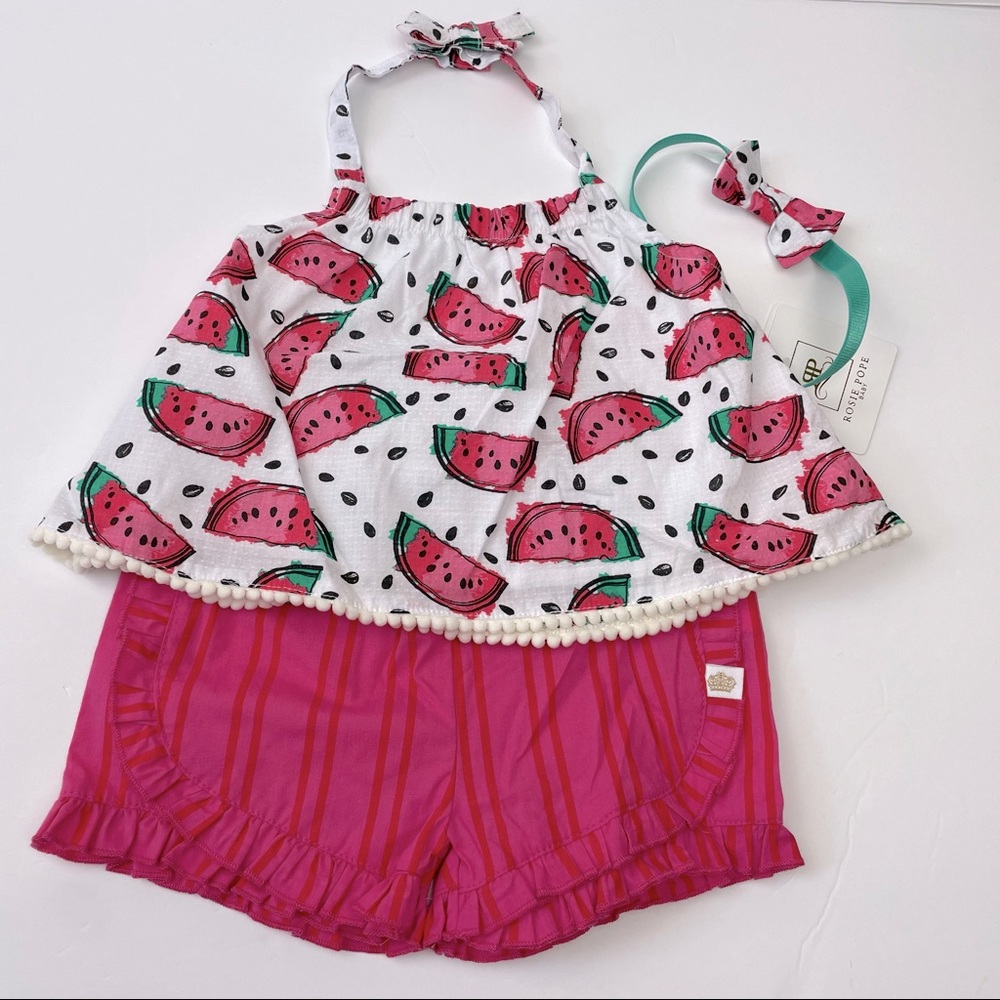🆕 ROSIE POPE Baby Girl’s 🍉 Halter Top W/ Headband & Ruffle Striped Shorts NWT
